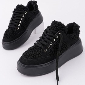 Resim Muggo Fleecy Kalın Taban Bağcıklı Peluş Detaylı Kadın Kışlık Sneaker Spor Ayakkabı Siyah 