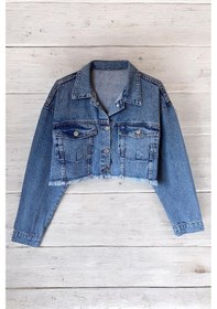 Resim Kadın Taşlı Oversize Mavi Kot Ceket 