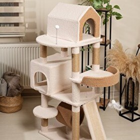 Resim Raikou - 3 Katlı Tırmalama Direği Yatak ve Oyuncaklı Bej-Kahverengi Karamel Kedi Ağacı 