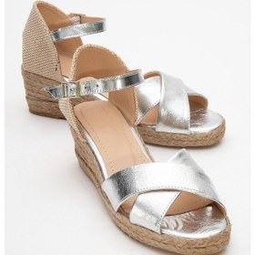 Resim Luvi Shoes Miria Gümüş Hakiki Deri Çapraz Bantlı Kadın Dolgu Topuklu Sandalet Gümüş 