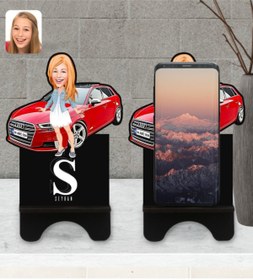 Resim Bk Gift Kişiye Özel Plakalı Kadın Audi A3 Karikatürlü Ahşap Biblo Telefon Standı-1 