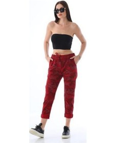 Resim Eren Style Italyan Beli Bağlamalı Kamuflaj Desenli Dar Paça Pantolon-9078 Kırmızı 