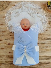 Resim Bal Peteği My Prince Taç Nakışlı İnci Fiyonklu Dantel Duvaklı Delüks Kundak Bebek Battaniyesi Mavi 