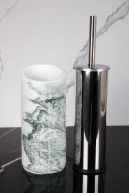 Resim 2 Parça Dekoratif Beton Tuvalet Fırçası Metal Wc Fırçalığı Beyaz - Yeşil 