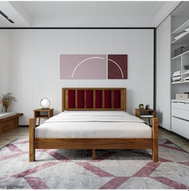 Resim Orion Model Bordo Renk Puflu Başlıklı Ceviz Renk Çam Ahşap Karyola Ve İki Komodin Set-233 180 x 200 CM 