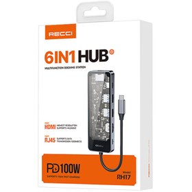 Resim Recci RH17 Type-C to Type-C PD100W + USB3.0 + HDMI + Type-C + RJ45 Bağlantılı 6in1 Hub - Gri 