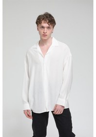 Resim R-3575 Apaş Yaka Uzun Kollu Aerobin Kumaş Oversize Gömlek - BEYAZ Beyaz 