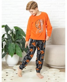 Resim Yeni Stil Sonbahar/kış Erkek Çocuk Basketball Desenli Polar Pijama Takımı 4562 Turuncu 