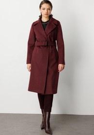 Resim Beli Kuşaklı Kruvaze Kaşe Kaban - Bordo / 42 