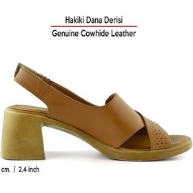 Resim Erkan Saçmacı Seras Taba Hakiki Dana Derisi Çapraz Bantlı Delik Detaylı Kalın Topuklu Günlük Sandalet 