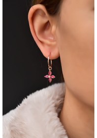 Resim 925 Ayar Gümüş Rose Kaplama Fuşya Zirkon Taşlı Plumeria Halka Küpe UVPTS300282-5 