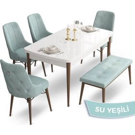 Resim Canisa Concept Taç Serisi 80 x 132 cm Beyaz Masa Ceviz Ayak Yemek Masası Takımı 4 Sandalye Gümüş Halkalı ve 1 Bench 