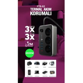 Resim Fultech Airstorr Fulltech Ftr-02 2 M 3'lü Termal Akım Korumalı Priz USB 