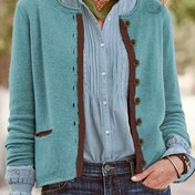 Resim Cep Detaylı Düğmeli Önü Açık Hırka, Sonbahar ve Kış İçin Rahat Yaka Uzun Kollu Hırka, Kadın Giyim 