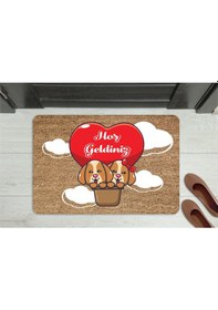 Resim Hoş Geldiniz Yazılı Köpek Figürlü Kapı Önü Paspası Dekoratif Kaymaz Taban Kahverengi 