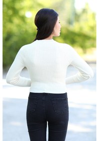 Resim Kadın Bej Fitilli Crop Triko Kazak Kısa Model Akrilik Kumaş Ribanalı - 3122 Bej 
