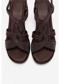Resim Luvishoes Dolen Kahverengi Hakiki Deri Kadın Taşlı Kalın Topuk Sandalet 