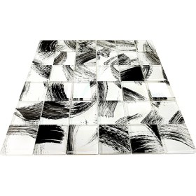 Resim Mutfak Tezgah Arası, Havuz, Banyo, Havuz, Sauna, Spa ve Tüm Ortam ve Yüzeyler Için, 48X48X6 mm. Beyaz Siyah Fırça Desenli, 30X30 cm. Fileli Kristal Cam Mozaik. ( 1 M2 Fiyatıdır ) 