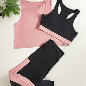 Resim Kadın Yoga Seti, Renk Bloklu Spor Fitness Sütyen & Tank Üstü Tayt Ve Tank Üstü Ile, Atletik Aktivewear, Jimnastik Egzersiz Ekipmanları Esnek, Rahat Uyumlu 