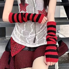 Resim Sonbahar ve Kış Uzun 50cm Çizgili Kol Örtücü, Trend Parmaksız Eldivenler 