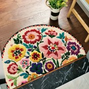 Resim 1 adet Zarif Yarı Daire Çiçek Baskılı Kapı Matı - Ultra-Yumuşak Mikrofiber, Makinede Yıkanabilir, Canlı Kırmızı, Pembe, Mavi ve Yeşil Çiçekler Bej Arka Plan Üzerinde, İç/Dış Girişler, Mutfak, Yatak Odası ve Hoşgeldin Hediyeleri İçin Mükemmel, İç/Dış Mat | Canlı Çiçek Tasarımı | Makinede Yıkanabilir Mat, Çiçekli Kapı 