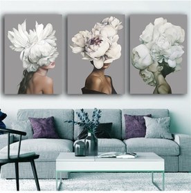 Resim Gri Tonlu Çiçek Başlı Kızlar Set Kanvas Tablo 