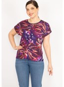 Resim Kadın Lacivert Büyük Beden Önü Desenli Saten Düşük Kollu Bluz-lacivert Lacivert 