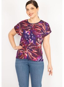 Resim Kadın Lacivert Büyük Beden Önü Desenli Saten Düşük Kollu Bluz-lacivert Lacivert 