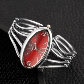 Resim Hanyang Kırmızı 2020 Yeni Moda Kadın Bilezik Izle Tüm Çelik Analog Kuvars Saat Gümüş Oval Kadran Rahat Saat Reloj Mujer Montre Femme Reloj (Yurt Dışından) 
