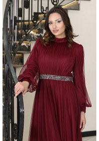 Resim Raika Moda Alia Şık Taş Detaylı Büyük Beden Tesettür Abiye - Alya Bordo 