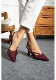 Resim Shoetek Marieke Kadın Stiletto Çift Bantlı Tokalı Topuklu Ayakkabı Bordo Rugan Bordo 