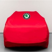 Resim Teksin Skoda Kushaq Uyumlu Kumaş Logolu Oto Branda - Penye Örtü Kırmızı 