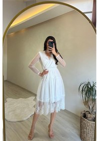 Resim Neşeli Butik Kadın Kruvaze Yaka Dantelli Tül Elbise Nm010 Beyaz 