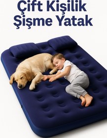 Resim SMAYLİNG Taşınabilir Çift Kişilik Şişme Yatak + Pompa – 203x152x22 cm Kamp & Misafir Kullanımı 