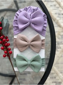 Resim VANİLLİA Bebek Çift Kat Fiyonklu Bebek Bone & Bebek Bandana Saç bandı 3'lü Set (0-18 Ay) 