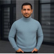 Resim Erkek Balıkcı Yaka Bağazlı Triko Kazak Pamuklu Kalın Fitilli Dokuma, Regular Fit Uzun Kollu Kışlık Model - Bebe Mavisi Mavi 