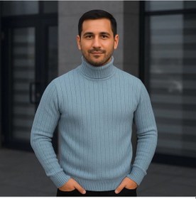 Resim Erkek Balıkcı Yaka Bağazlı Triko Kazak Pamuklu Kalın Fitilli Dokuma, Regular Fit Uzun Kollu Kışlık Model - Bebe Mavisi Mavi 