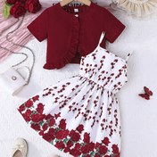 Resim Kızlar için bir ruffled kısa kollu kardigan ve bir gül desenli camisole elbise ile bir araya gelen şık ve rahat iki parçalı bir takım, ilkbahar ve yaz için mükemmel, dış mekanlar için ideal 
