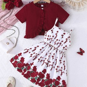 Resim Kızlar için bir ruffled kısa kollu kardigan ve bir gül desenli camisole elbise ile bir araya gelen şık ve rahat iki parçalı bir takım, ilkbahar ve yaz için mükemmel, dış mekanlar için ideal 
