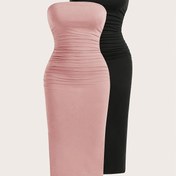 Resim Kadınlar için Omuzsuz Elbise - Zarif Bodycon Midi Elbise, Büzgülü Detaylı, Orta Esneklikte, Makinede Yıkanabilir, 3 Renk (Siyah/Pembe/Allık), İlkbahar Yaz Sonbahar İçin, Mevsimlik Moda, Omuz Açık Stil, Pürüzsüz Kumaş Yüzeyi 