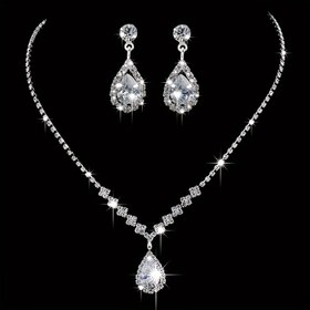 Resim Lüks Gelini Banket Takı Seti, Göz Kamaştırıcı Geometrik Su Damlası Kolye ve Rhinestones ile Süslenmiş Küpeler Öne Çıkan. 