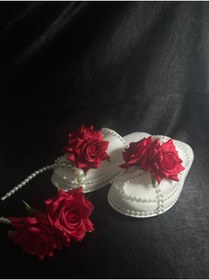 Resim Bridal Luxe Kırmızı gül detaylı lohusa terliği ve tacı takım 