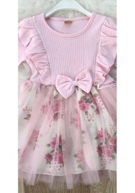 Resim Retro Women Kız Çocuk Çiçekli Toz Pembe Doğum Günü Abiye Prenses Şık Elbise Pembe 