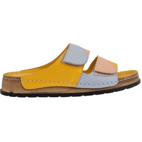 Resim Napa Shoes Hakiki Deri Renkli Bantlı Rahat Taban Günlük Kadın Terlik Napa-305 Sarı 