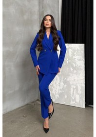 Resim Kadın İkili Blazer Ceket Pantolon Takım Pile Ve Düğme Detaylı Boru Paça Saks Mavisi 