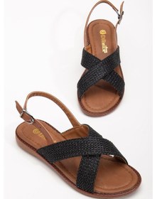 Resim Kadın Düz Topuklu Sandalet Siyah Hasır Çapraz Bantlı-3835 Siyah 