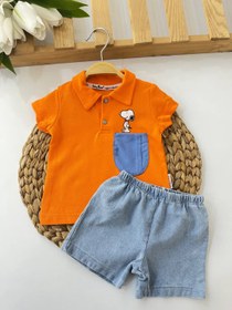 Resim Bebek Turuncu Snoopy Nakışlı Kot Şortlu Takım 