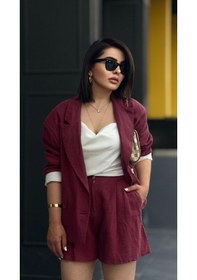 Resim Bordo %100 Ham Keten Şort Bordo 