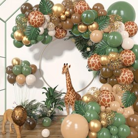 Resim Jungle Safari Temalı Balon Garland Kiti - Yeşil, Kahverengi ve Hayvan Desenli - Yuvarlak Zürafa Temalı Doğum Günü Parti Malzemeleri Çocuklar İçin, Dış Mekan Dekorasyonları, Mezuniyet Töreni ve Prom Elbise Giydirme 