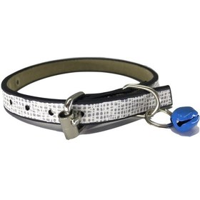 Resim Beyaz Gri Desenli Derili 1 CM Zilli Kedi Tasması 